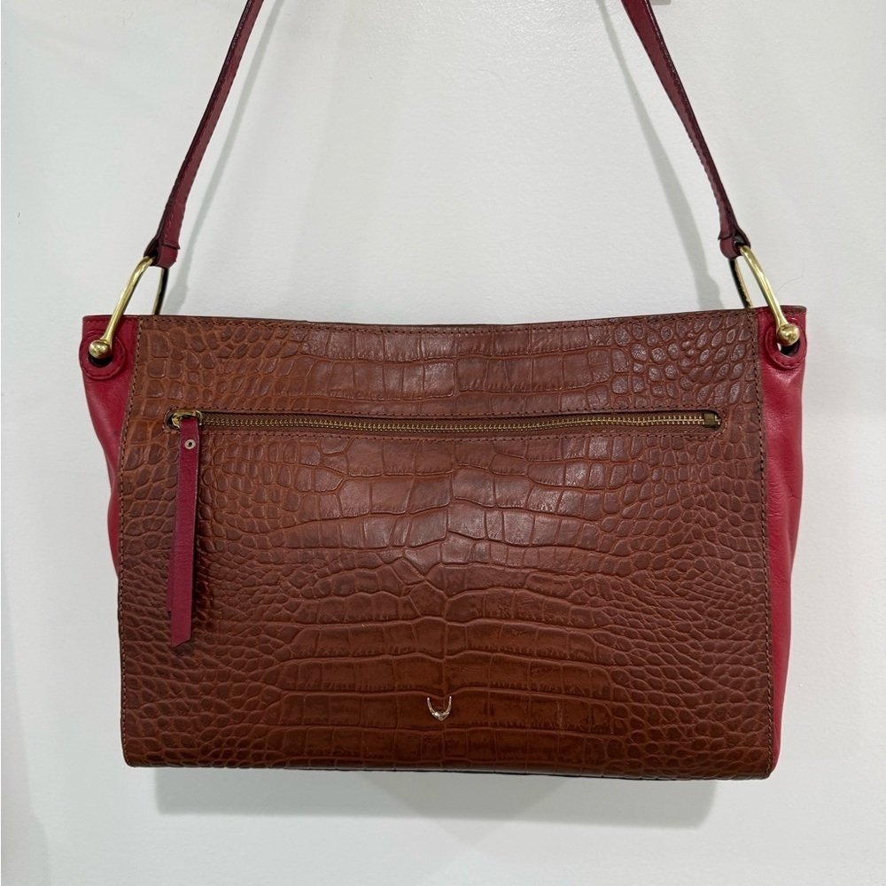Hidesign EE Jupiter II Leather Shoulder Bag Croc Embossed Brown Red - Picture 5 of 13
